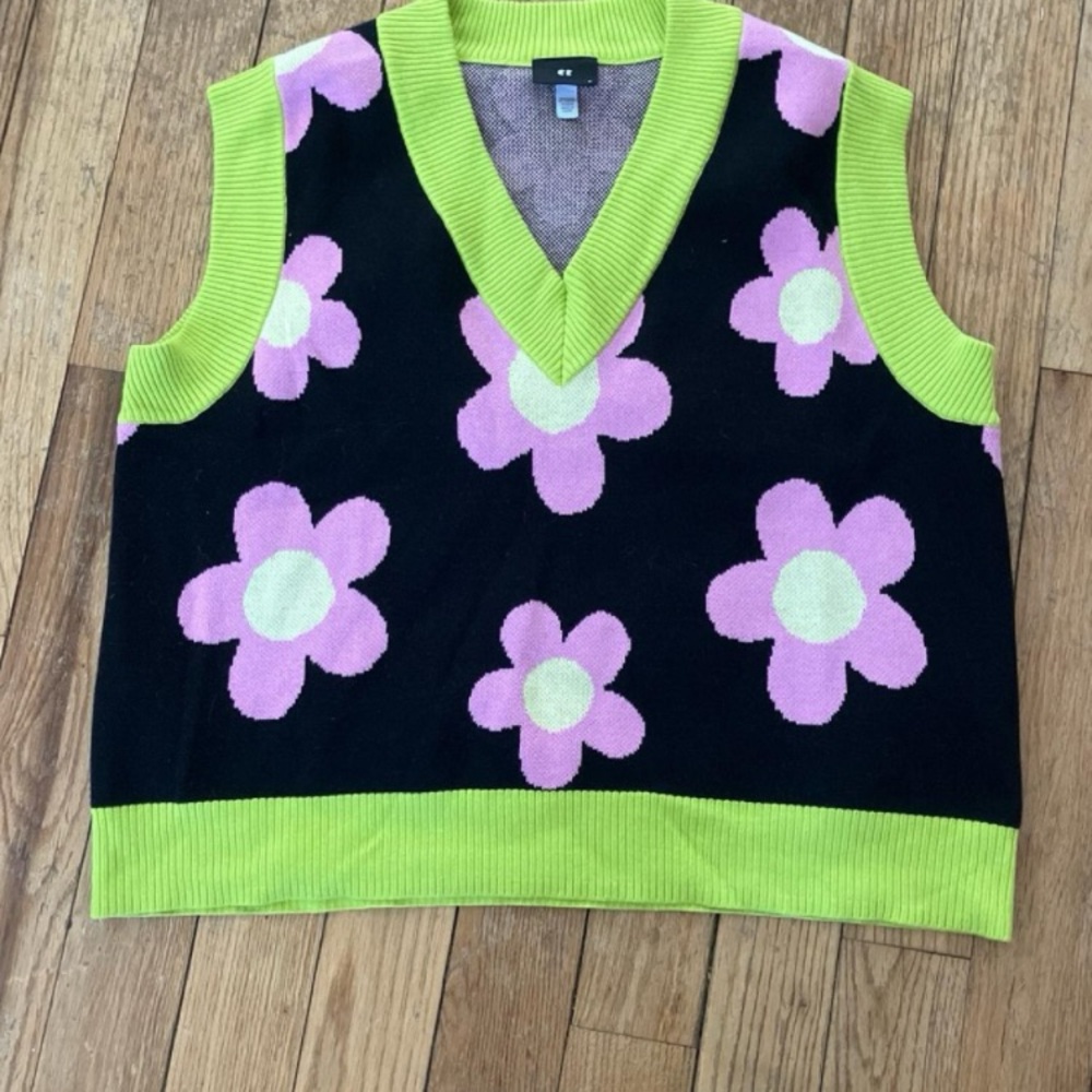 Lazy Oaf Black and Green Floral V-Neck Oversized Sweater Vest